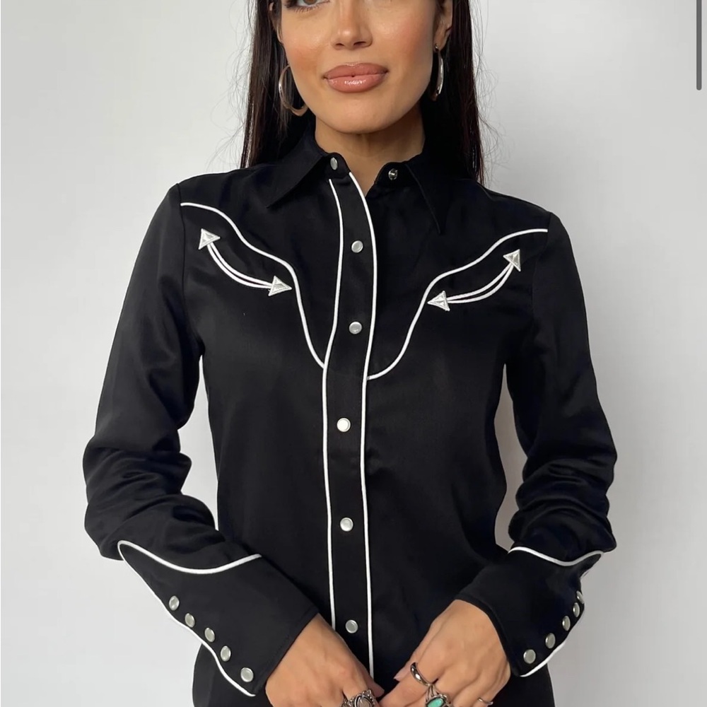 H Bar C San Fernando Black & White Pearl Snap Button Down Shirt - Small